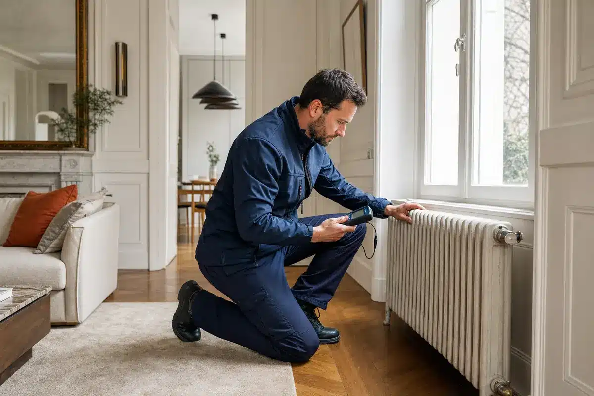 Technicien contrôlant des radiateurs compatibles avec une pompe à chaleur haute température