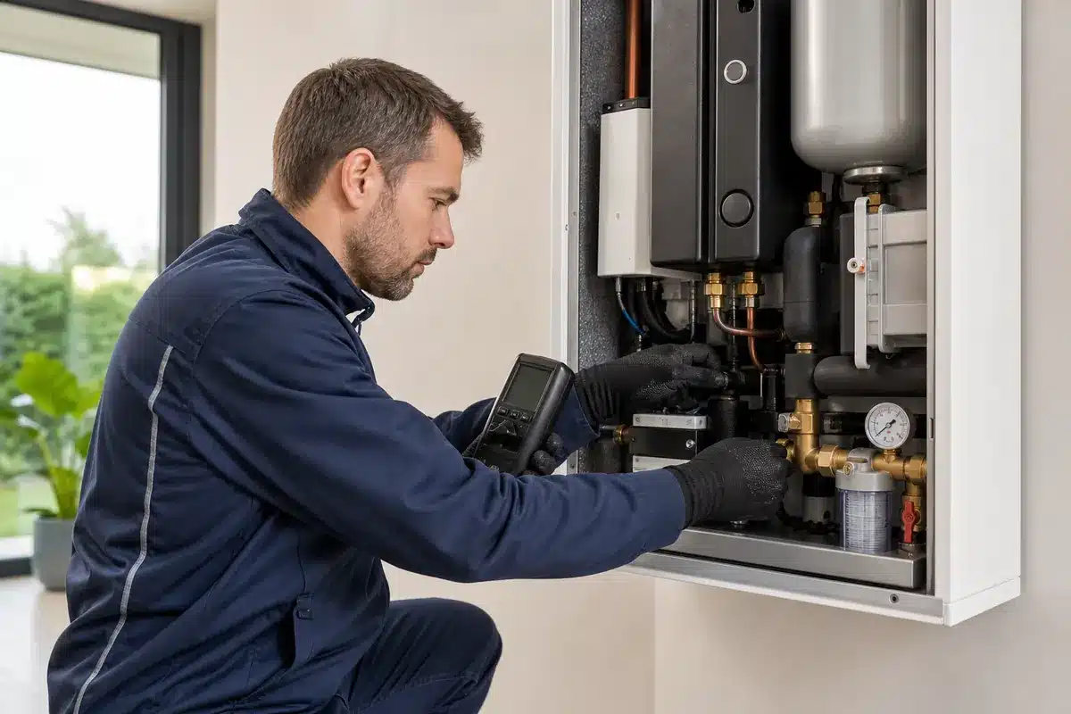 Technicien réalisant l’entretien d’un équipement de chauffage