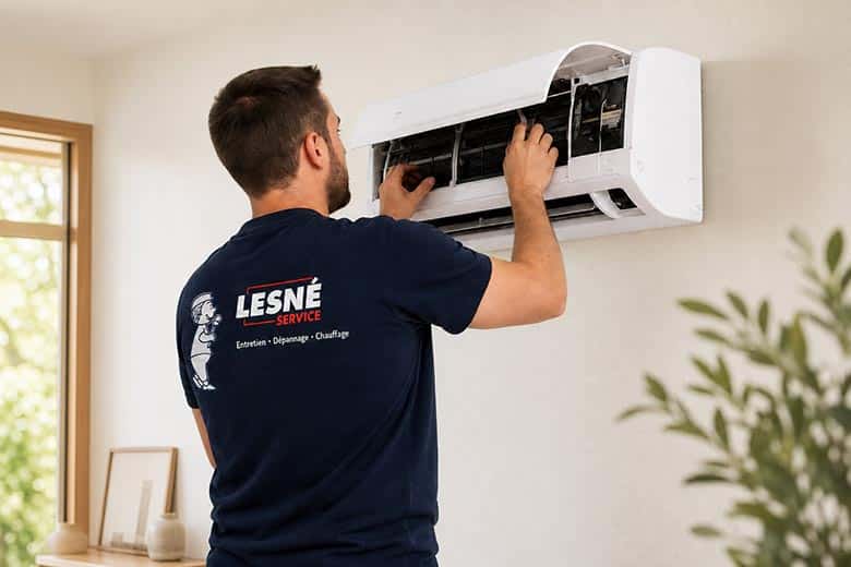 Technicien Lesné Service installant une climatisation
